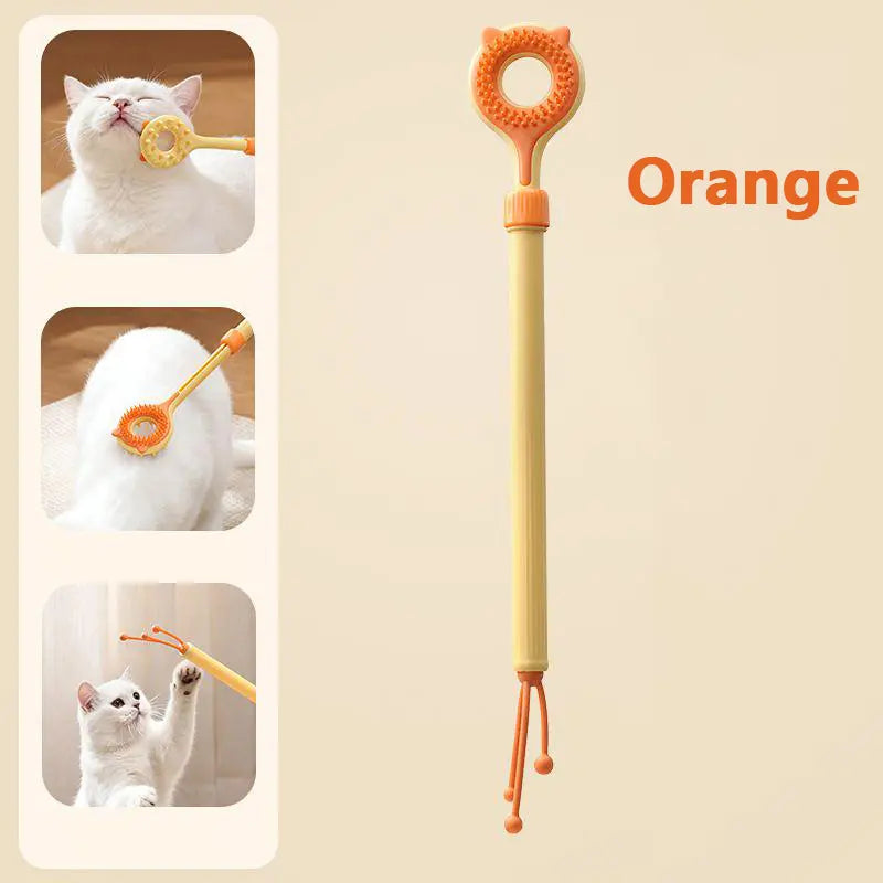 3‑In‑1 Adjustable Cat Massage Wand, Retractable Cat Scratcher Grooming Brush with Dual‑Surface Soft Nubs & Interactive Teaser Strings, Long Handle Pet Self‑Grooming Toy for Indoor Cats Kittens