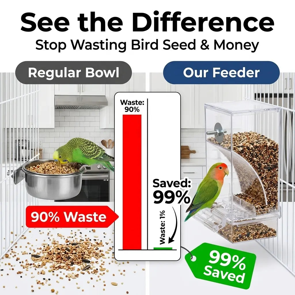 Upgraded Automatic Bird Feeder for Parrots Cockatoos Canaries - Transparent Acrylic Bird Cage Food Dispenser, Durable Easy to Use Bird Feeding Station