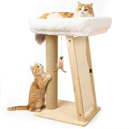 3-In-1 Freestanding Natural Wood Cat Scratching Post - 11.8X15.7In Base, 27.5In Tall, Sisal Column, Angled Pad, Bell Toy, 14.2X18.9In Removable Washable Hammock Bed, Easy Assembly for Indoor Cats