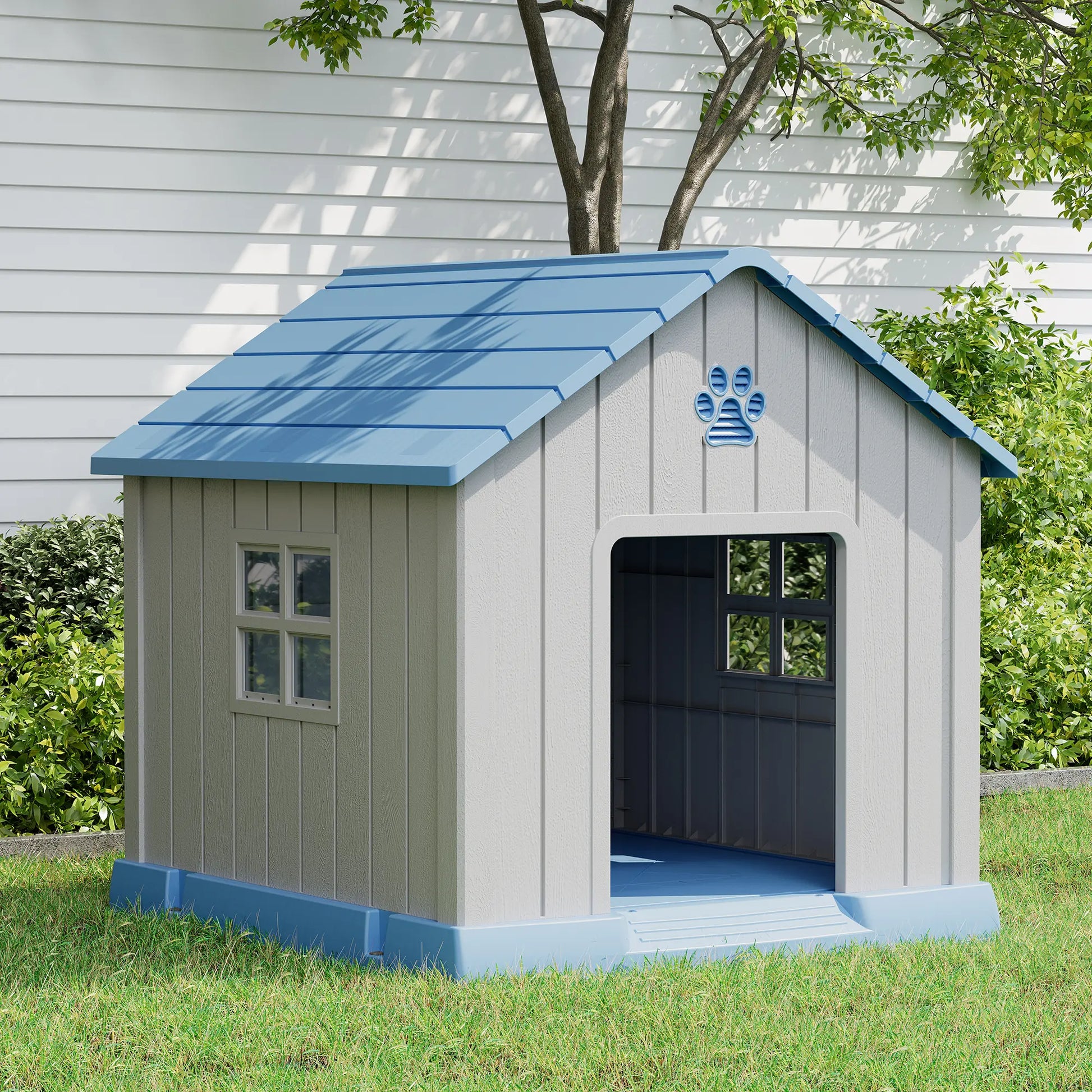 RIWENGO Durable Waterproof Plastic Dog House for Small to Large Sized Dogs Indoor Outdoor Elevated Floor UV Resistant Air Vents Drainage Holes Ground Nails Easy Clean and Assemble