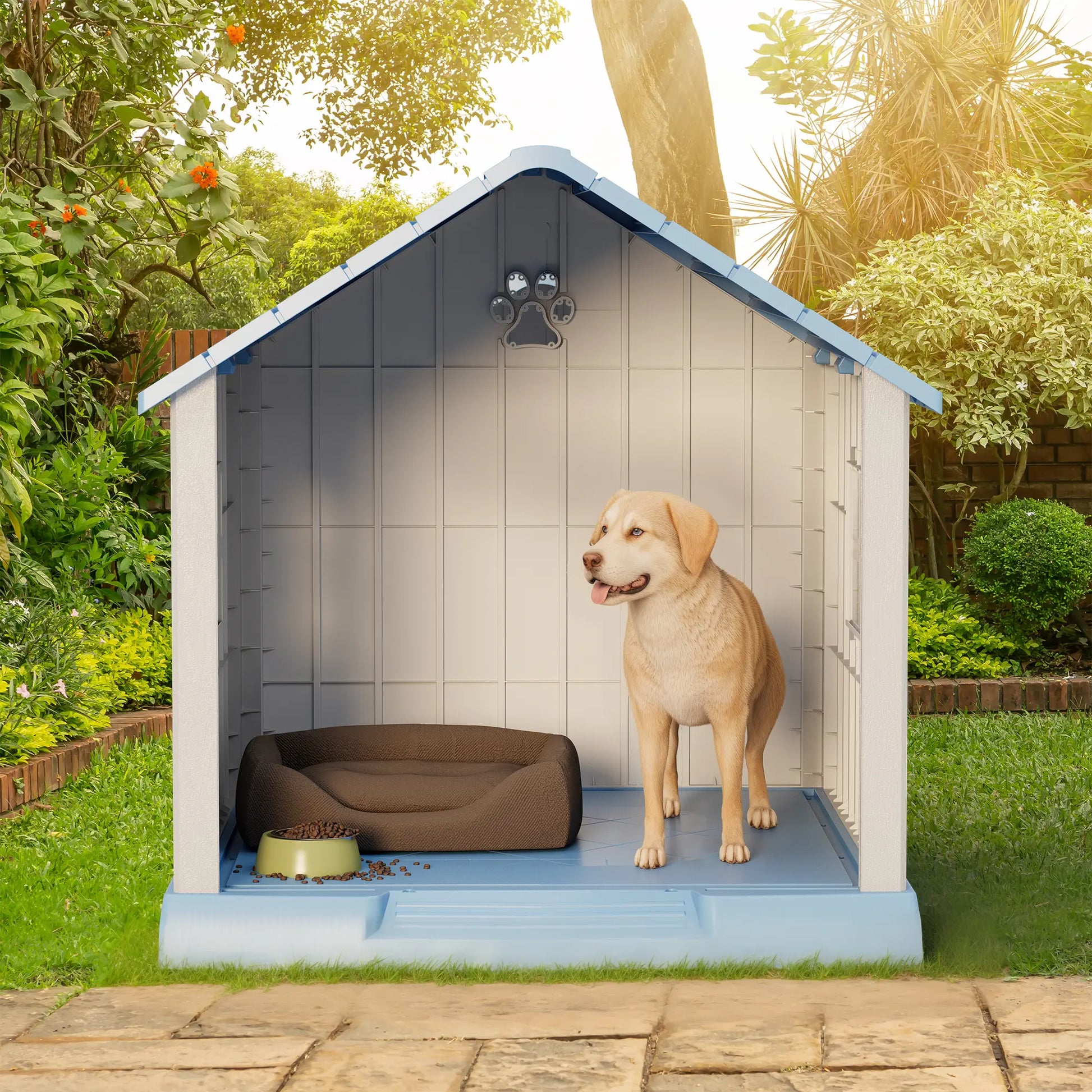 RIWENGO Durable Waterproof Plastic Dog House for Small to Large Sized Dogs Indoor Outdoor Elevated Floor UV Resistant Air Vents Drainage Holes Ground Nails Easy Clean and Assemble