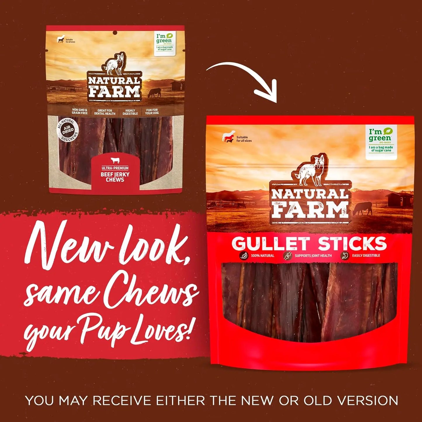 Natural Farm 4-5 in Grass-Fed Beef Gullet Sticks - 25 Count, 25-Pack, No Preservatives, High-Quality Glucosamine & Chondroitin for Joint Health, Easy to Chew, Digestible, Ideal for Senior Dogs