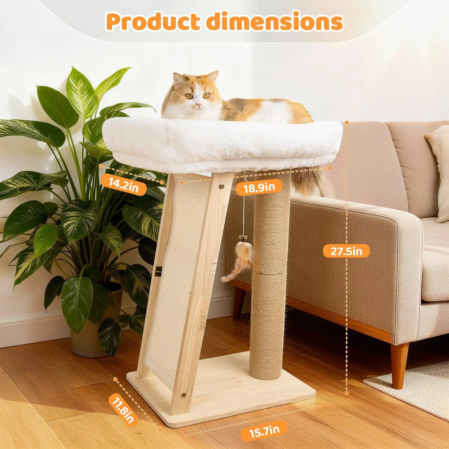 3-In-1 Freestanding Natural Wood Cat Scratching Post - 11.8X15.7In Base, 27.5In Tall, Sisal Column, Angled Pad, Bell Toy, 14.2X18.9In Removable Washable Hammock Bed, Easy Assembly for Indoor Cats