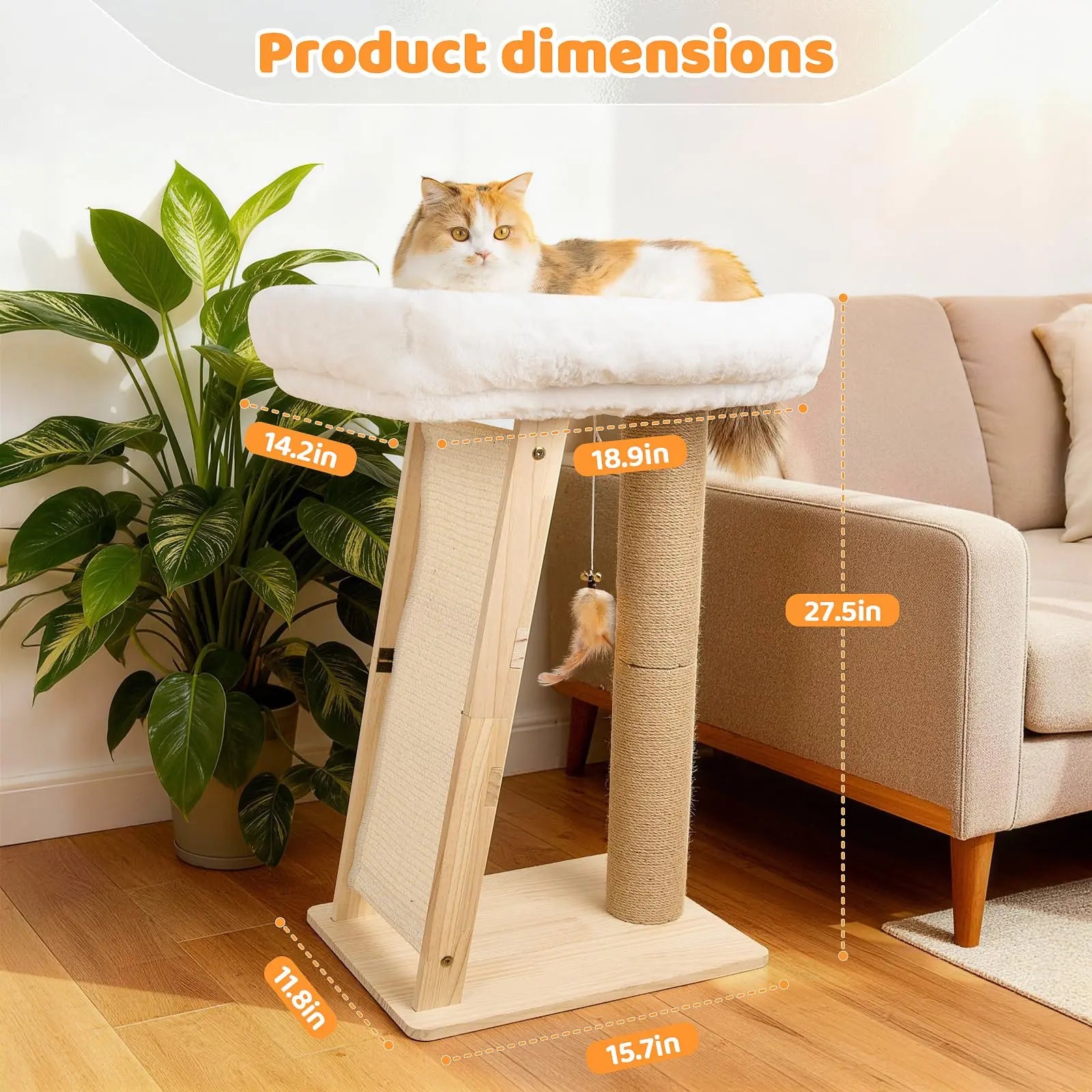 3-In-1 Freestanding Natural Wood Cat Scratching Post - 11.8X15.7In Base, 27.5In Tall, Sisal Column, Angled Pad, Bell Toy, 14.2X18.9In Removable Washable Hammock Bed, Easy Assembly for Indoor Cats
