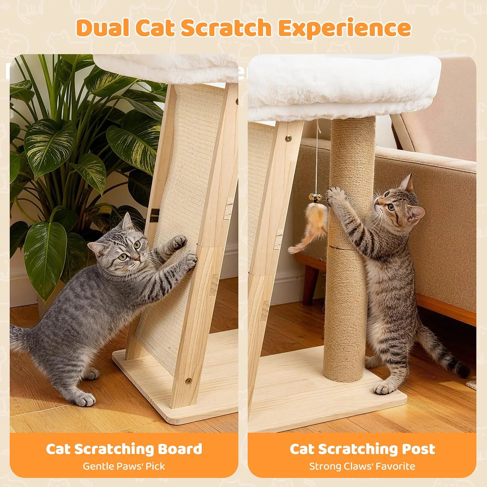3-In-1 Freestanding Natural Wood Cat Scratching Post - 11.8X15.7In Base, 27.5In Tall, Sisal Column, Angled Pad, Bell Toy, 14.2X18.9In Removable Washable Hammock Bed, Easy Assembly for Indoor Cats