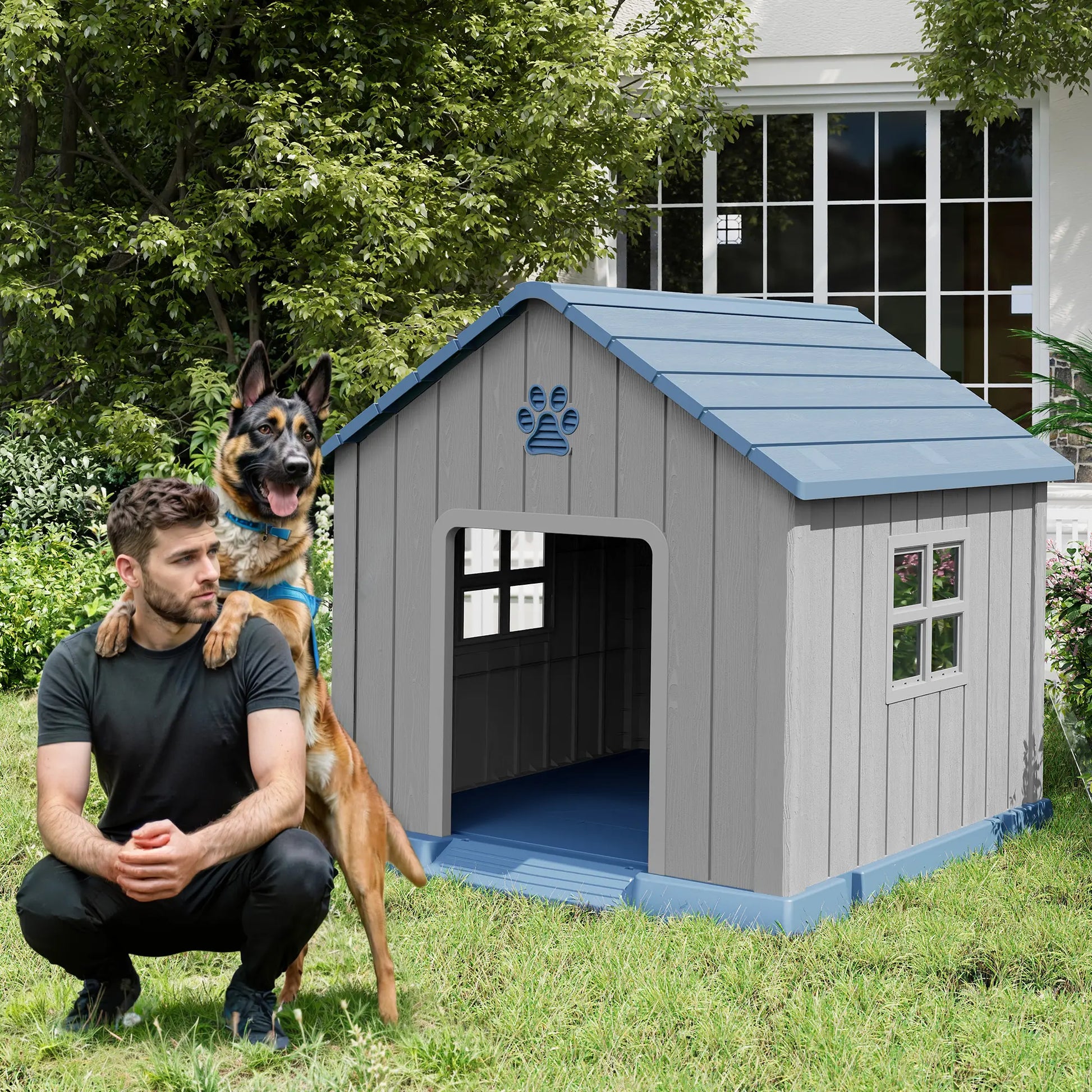 RIWENGO Durable Waterproof Plastic Dog House for Small to Large Sized Dogs Indoor Outdoor Elevated Floor UV Resistant Air Vents Drainage Holes Ground Nails Easy Clean and Assemble
