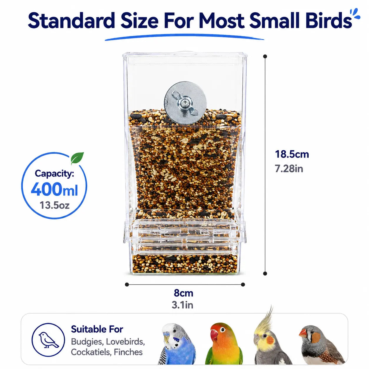 Upgraded Automatic Bird Feeder for Parrots Cockatoos Canaries - Transparent Acrylic Bird Cage Food Dispenser, Durable Easy to Use Bird Feeding Station