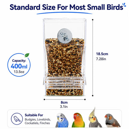 Upgraded Automatic Bird Feeder for Parrots Cockatoos Canaries - Transparent Acrylic Bird Cage Food Dispenser, Durable Easy to Use Bird Feeding Station