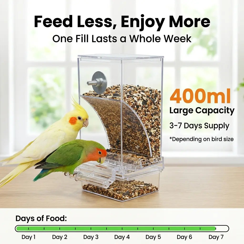 Upgraded Automatic Bird Feeder for Parrots Cockatoos Canaries - Transparent Acrylic Bird Cage Food Dispenser, Durable Easy to Use Bird Feeding Station