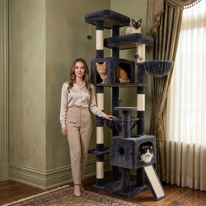 DESKAT 80 Inch Cat Tree for Large Cats, Stable Multi-Level Cat Tree with 2 Condos & Sisal Scratching Posts for 2-3 Cats, Thickened Base Space Saving Cat Tree Tower, F80G