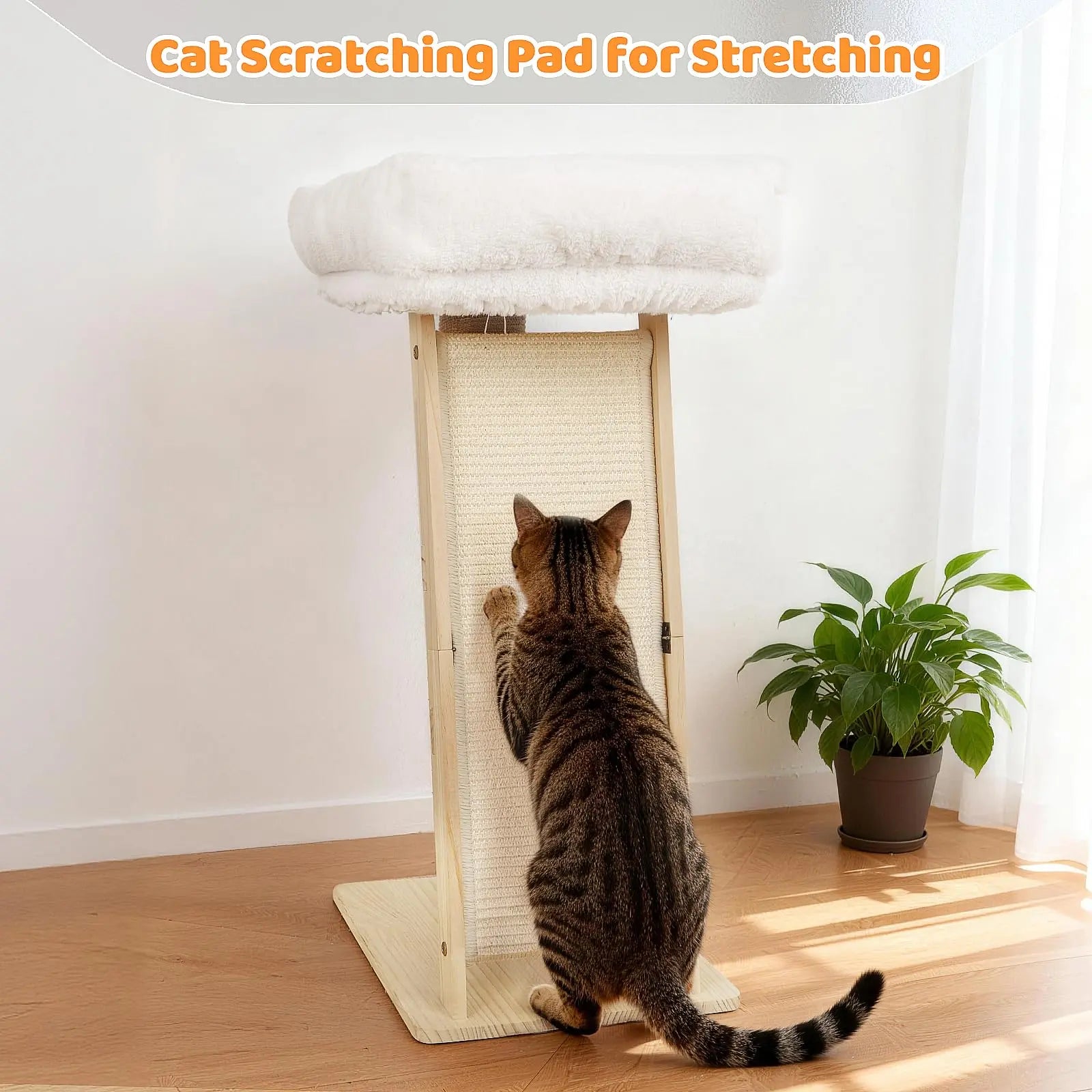 3-In-1 Freestanding Natural Wood Cat Scratching Post - 11.8X15.7In Base, 27.5In Tall, Sisal Column, Angled Pad, Bell Toy, 14.2X18.9In Removable Washable Hammock Bed, Easy Assembly for Indoor Cats