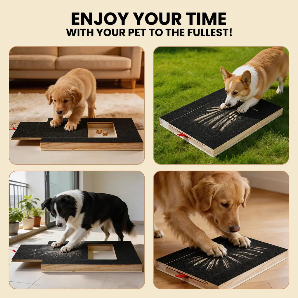 Dog Nail Scratch Board File - 35X25Cm Wooden Retractable Non-Slip Square Tool with Abrasive Texture, Cutable Fabric, Firm Balance, Flexible Resizing, Gentle Filing, Treat-Enabled Claw Grooming for Puppies, Floor Protection Pad Pet