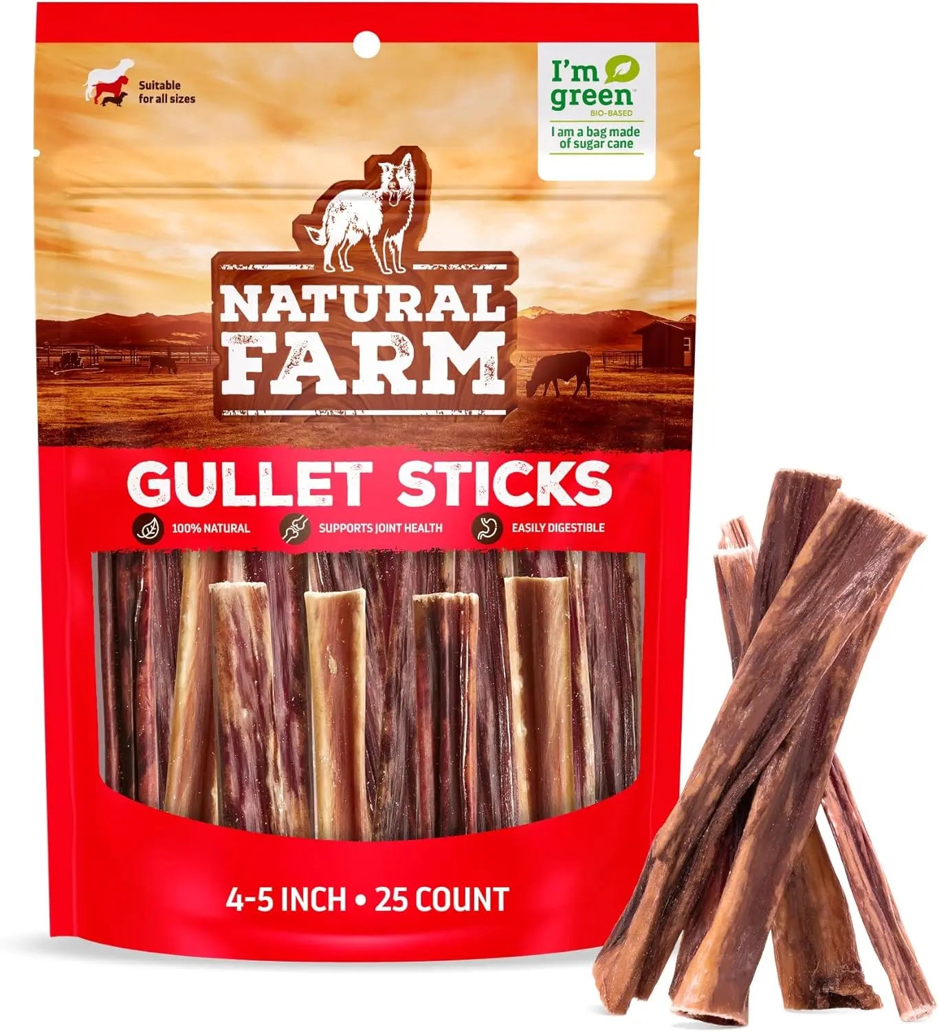 Natural Farm 4-5 in Grass-Fed Beef Gullet Sticks - 25 Count, 25-Pack, No Preservatives, High-Quality Glucosamine & Chondroitin for Joint Health, Easy to Chew, Digestible, Ideal for Senior Dogs