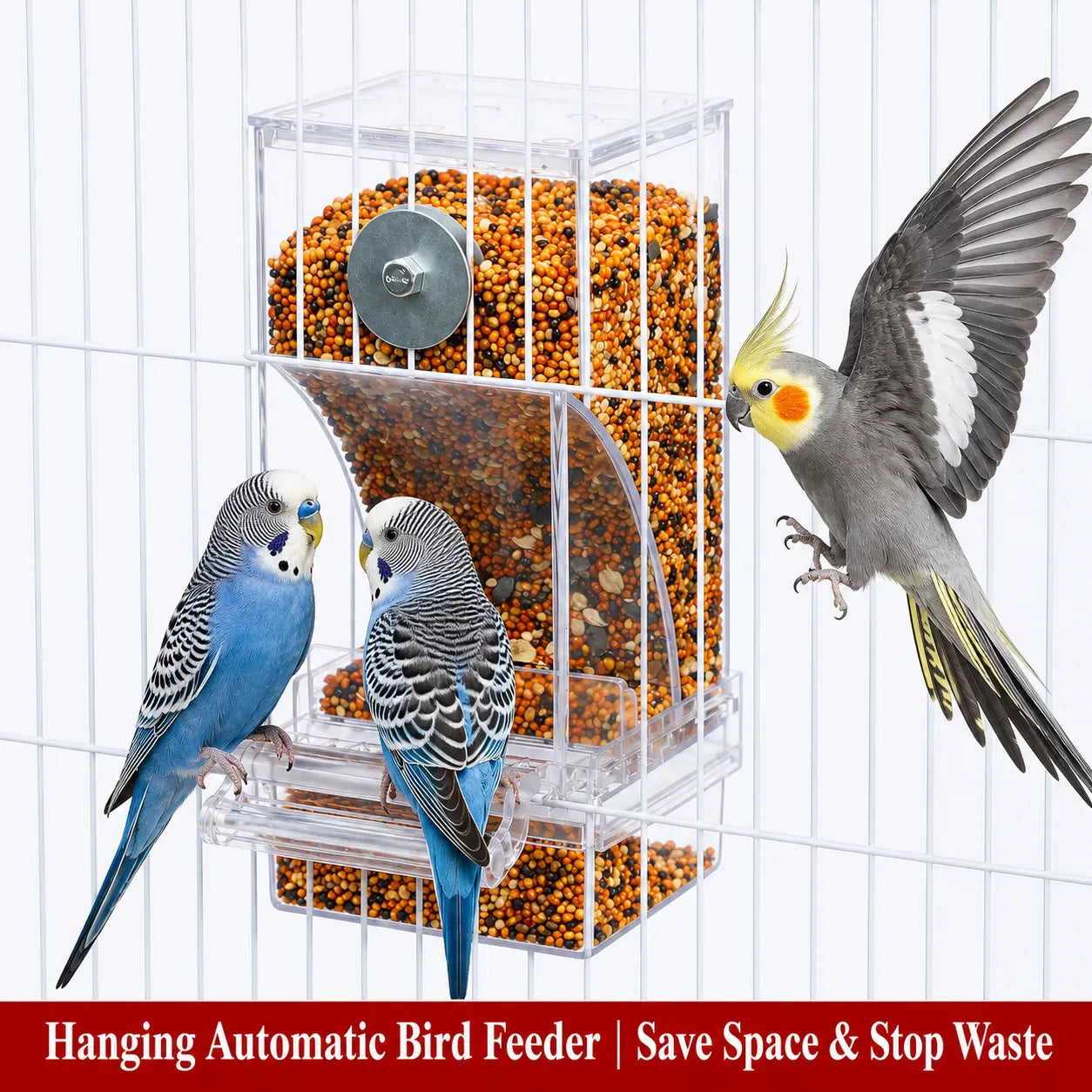 Upgraded Automatic Bird Feeder for Parrots Cockatoos Canaries - Transparent Acrylic Bird Cage Food Dispenser, Durable Easy to Use Bird Feeding Station