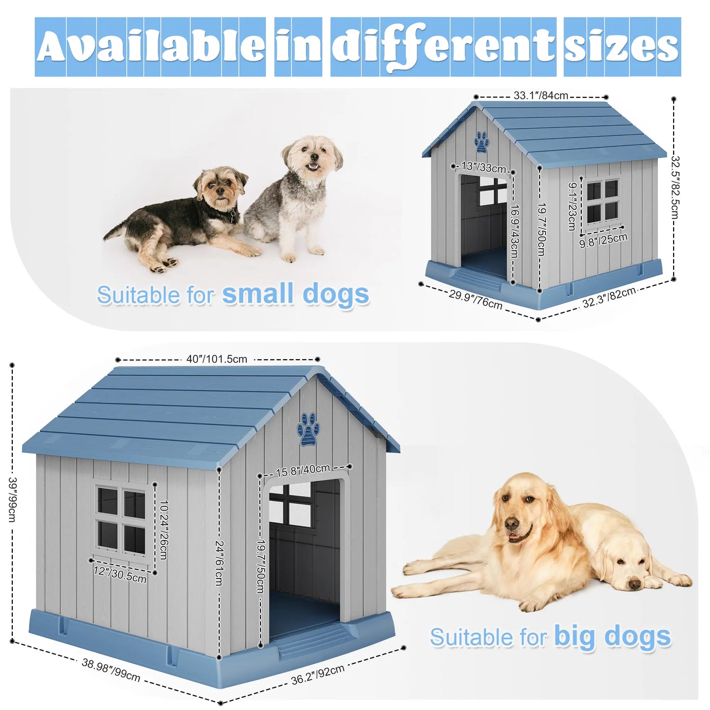 RIWENGO Durable Waterproof Plastic Dog House for Small to Large Sized Dogs Indoor Outdoor Elevated Floor UV Resistant Air Vents Drainage Holes Ground Nails Easy Clean and Assemble