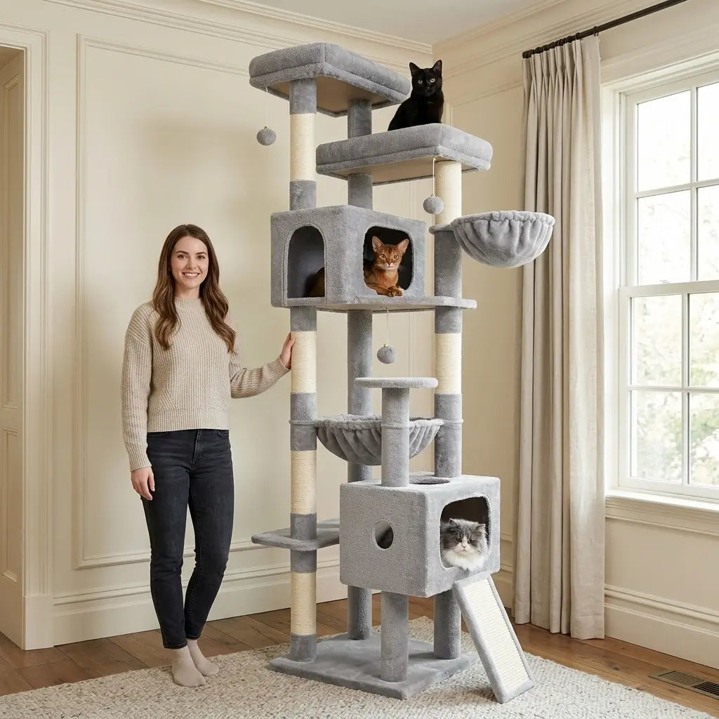 DESKAT 80 Inch Cat Tree for Large Cats, Stable Multi-Level Cat Tree with 2 Condos & Sisal Scratching Posts for 2-3 Cats, Thickened Base Space Saving Cat Tree Tower, F80G