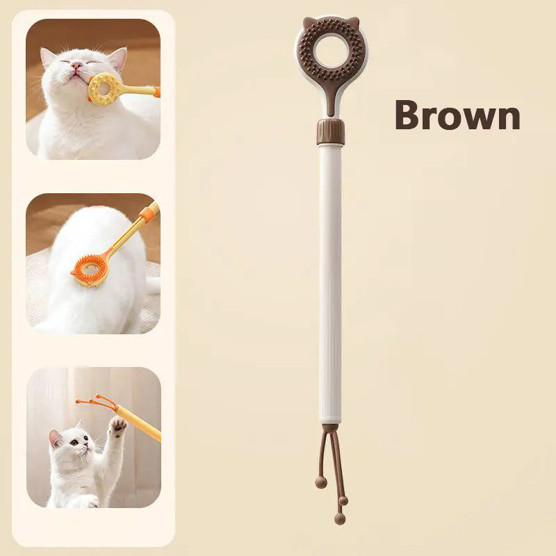 3‑In‑1 Adjustable Cat Massage Wand, Retractable Cat Scratcher Grooming Brush with Dual‑Surface Soft Nubs & Interactive Teaser Strings, Long Handle Pet Self‑Grooming Toy for Indoor Cats Kittens