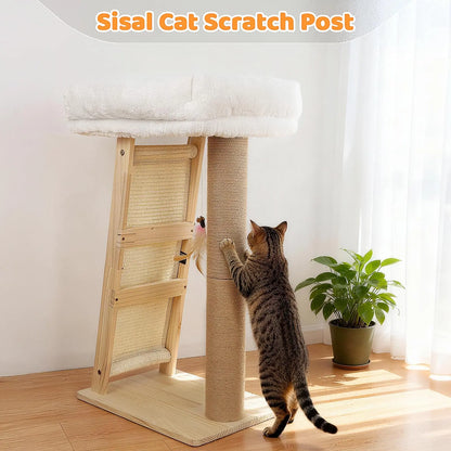 3-In-1 Freestanding Natural Wood Cat Scratching Post - 11.8X15.7In Base, 27.5In Tall, Sisal Column, Angled Pad, Bell Toy, 14.2X18.9In Removable Washable Hammock Bed, Easy Assembly for Indoor Cats
