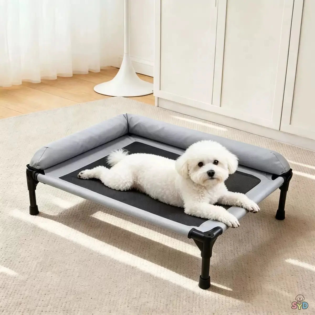 Outdoor Elevated Pet Bed with L-Shaped Neck Pillow, Breathable Mesh, Anti-Slip Feet, Washable, Ideal for Dogs & Cats up to 8Kg, Puppy Bed