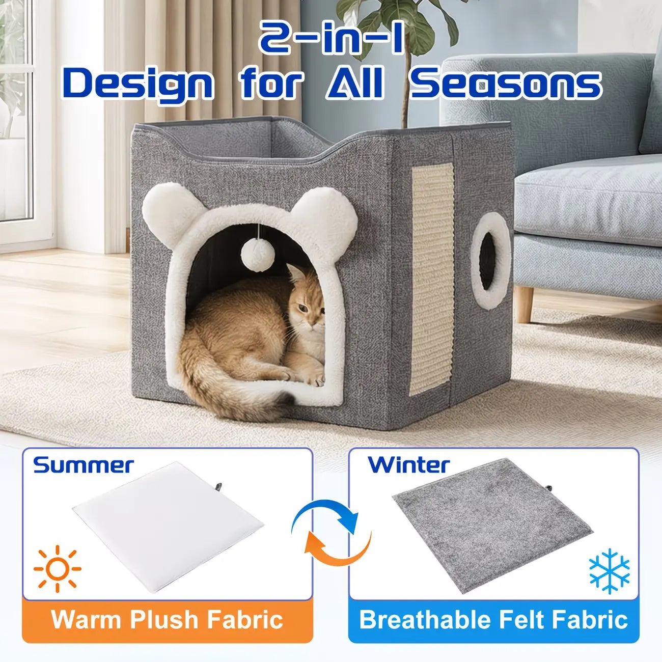 A Cat Suitable for Indoor Cats, with a Large Cat Hole for a Comfortable Apartment, Fluffy Hanging Balls, round Windows, a Foldable Indoor Cat House, Capable of Bearing up to 30 Pounds , with Double-Sided Soft Cushions,Raised Pet Bed