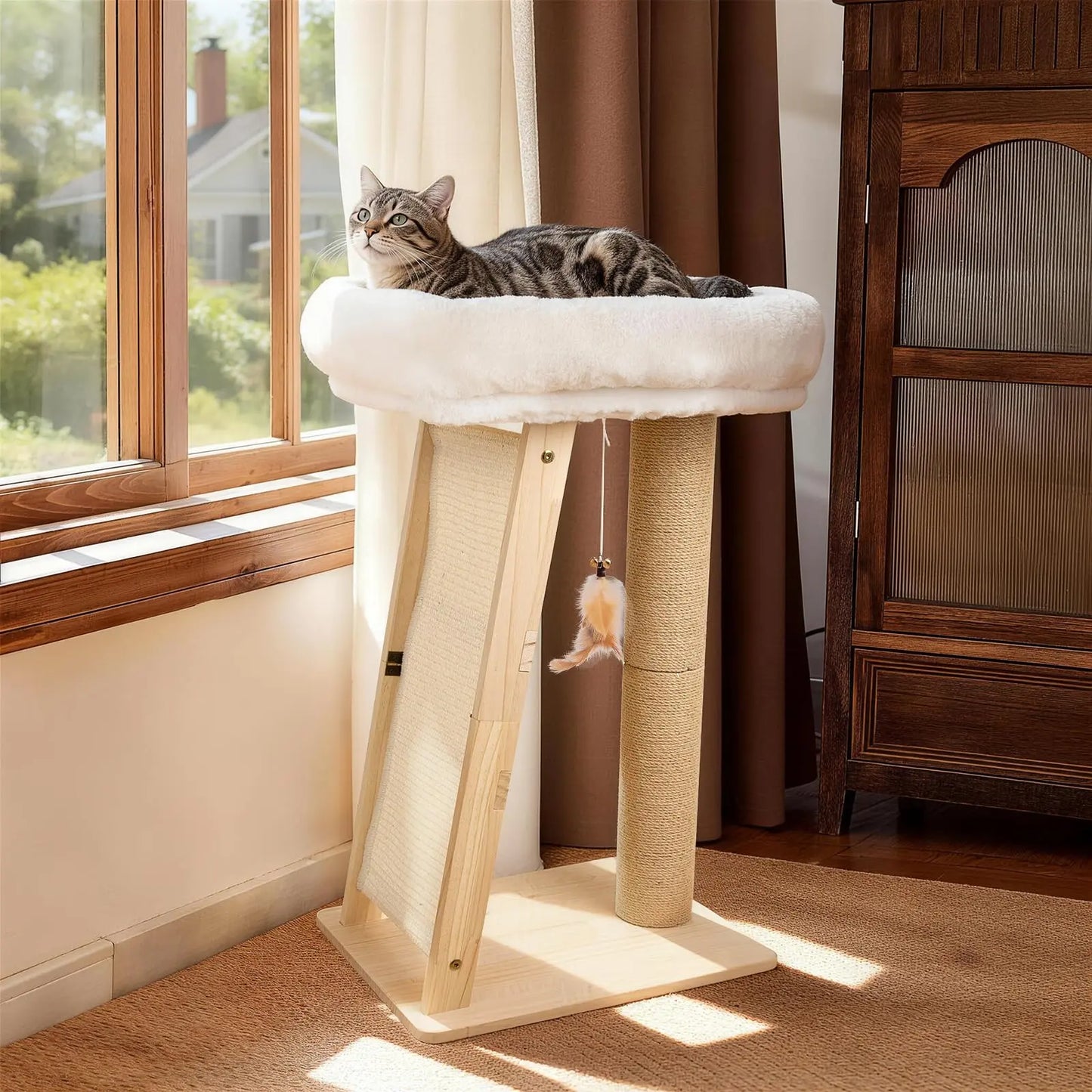 3-In-1 Freestanding Natural Wood Cat Scratching Post - 11.8X15.7In Base, 27.5In Tall, Sisal Column, Angled Pad, Bell Toy, 14.2X18.9In Removable Washable Hammock Bed, Easy Assembly for Indoor Cats