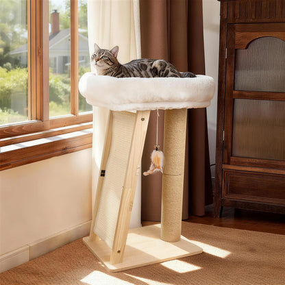 3-In-1 Freestanding Natural Wood Cat Scratching Post - 11.8X15.7In Base, 27.5In Tall, Sisal Column, Angled Pad, Bell Toy, 14.2X18.9In Removable Washable Hammock Bed, Easy Assembly for Indoor Cats