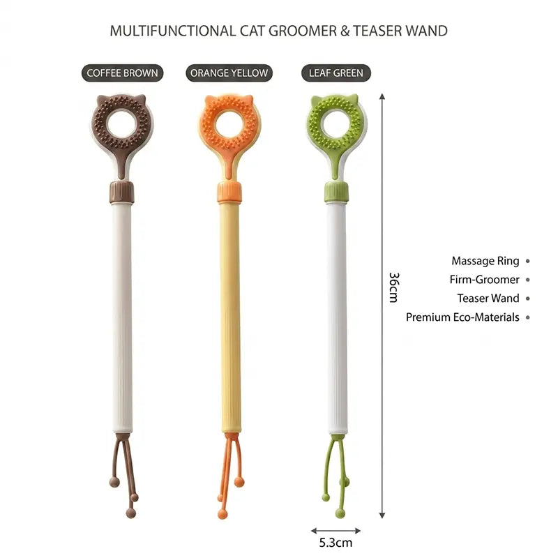 3‑In‑1 Adjustable Cat Massage Wand, Retractable Cat Scratcher Grooming Brush with Dual‑Surface Soft Nubs & Interactive Teaser Strings, Long Handle Pet Self‑Grooming Toy for Indoor Cats Kittens