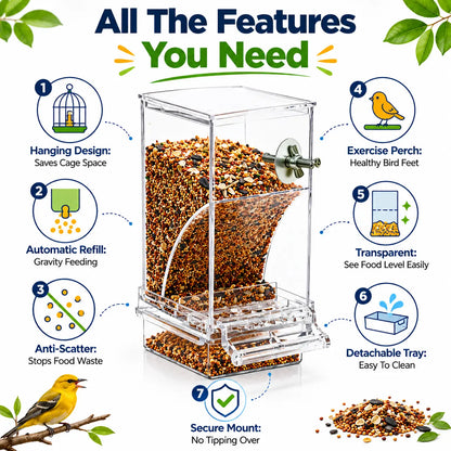 Upgraded Automatic Bird Feeder for Parrots Cockatoos Canaries - Transparent Acrylic Bird Cage Food Dispenser, Durable Easy to Use Bird Feeding Station