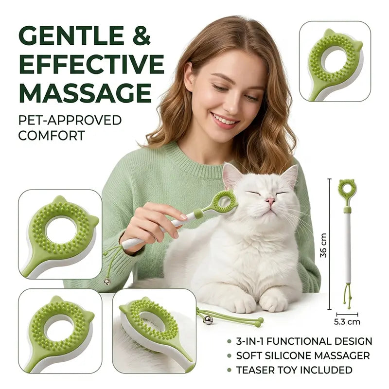 3‑In‑1 Adjustable Cat Massage Wand, Retractable Cat Scratcher Grooming Brush with Dual‑Surface Soft Nubs & Interactive Teaser Strings, Long Handle Pet Self‑Grooming Toy for Indoor Cats Kittens