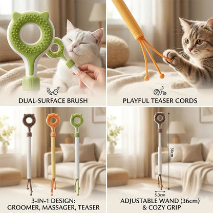 3‑In‑1 Adjustable Cat Massage Wand, Retractable Cat Scratcher Grooming Brush with Dual‑Surface Soft Nubs & Interactive Teaser Strings, Long Handle Pet Self‑Grooming Toy for Indoor Cats Kittens