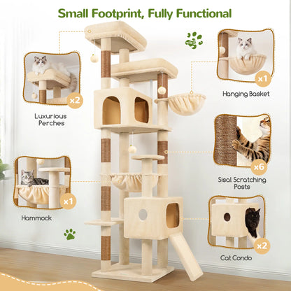 DESKAT 80 Inch Cat Tree for Large Cats, Stable Multi-Level Cat Tree with 2 Condos & Sisal Scratching Posts for 2-3 Cats, Thickened Base Space Saving Cat Tree Tower, F80G