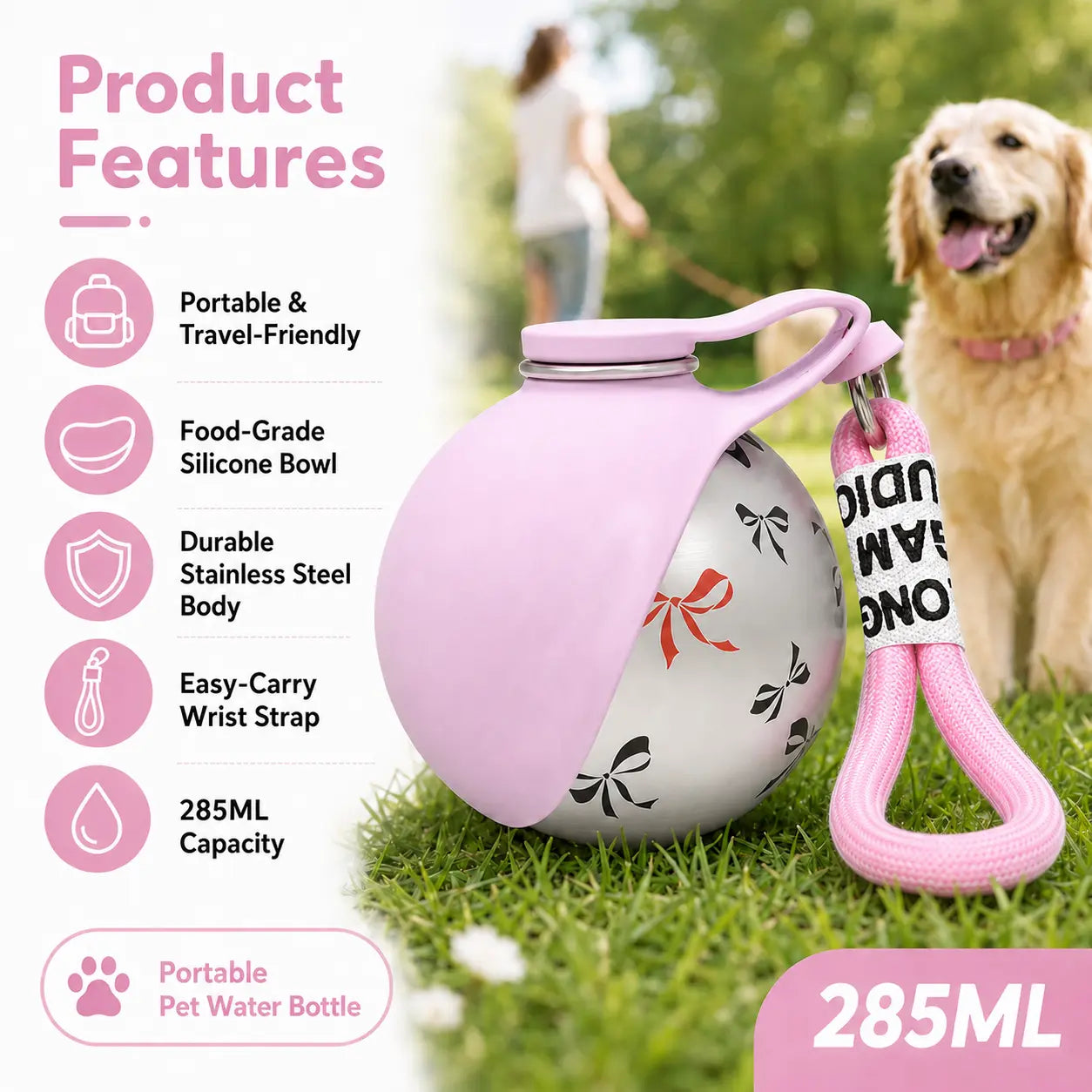Stainless Steel Mess-Free Pet Water Bottle (285Ml) - Leak-Proof Dog Travel Dispenser with Wheat Straw Bone Poop Bag Holder, Portable Outdoor Pet Cleaning Set for Dogs & Cats, Mess-Free Water Bottles