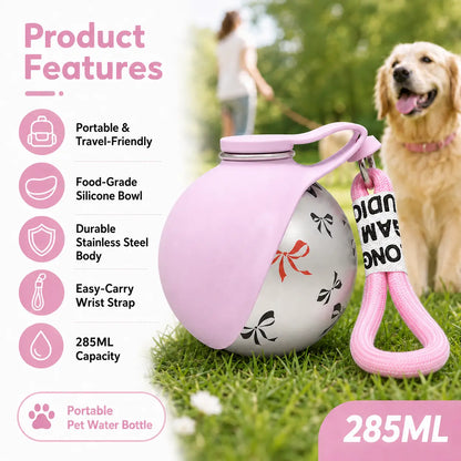 Stainless Steel Mess-Free Pet Water Bottle (285Ml) - Leak-Proof Dog Travel Dispenser with Wheat Straw Bone Poop Bag Holder, Portable Outdoor Pet Cleaning Set for Dogs & Cats, Mess-Free Water Bottles