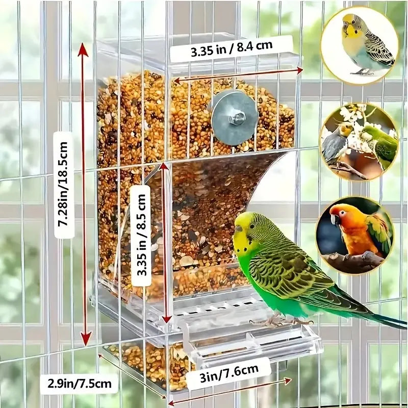 Upgraded Automatic Bird Feeder for Parrots Cockatoos Canaries - Transparent Acrylic Bird Cage Food Dispenser, Durable Easy to Use Bird Feeding Station
