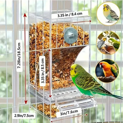 Upgraded Automatic Bird Feeder for Parrots Cockatoos Canaries - Transparent Acrylic Bird Cage Food Dispenser, Durable Easy to Use Bird Feeding Station