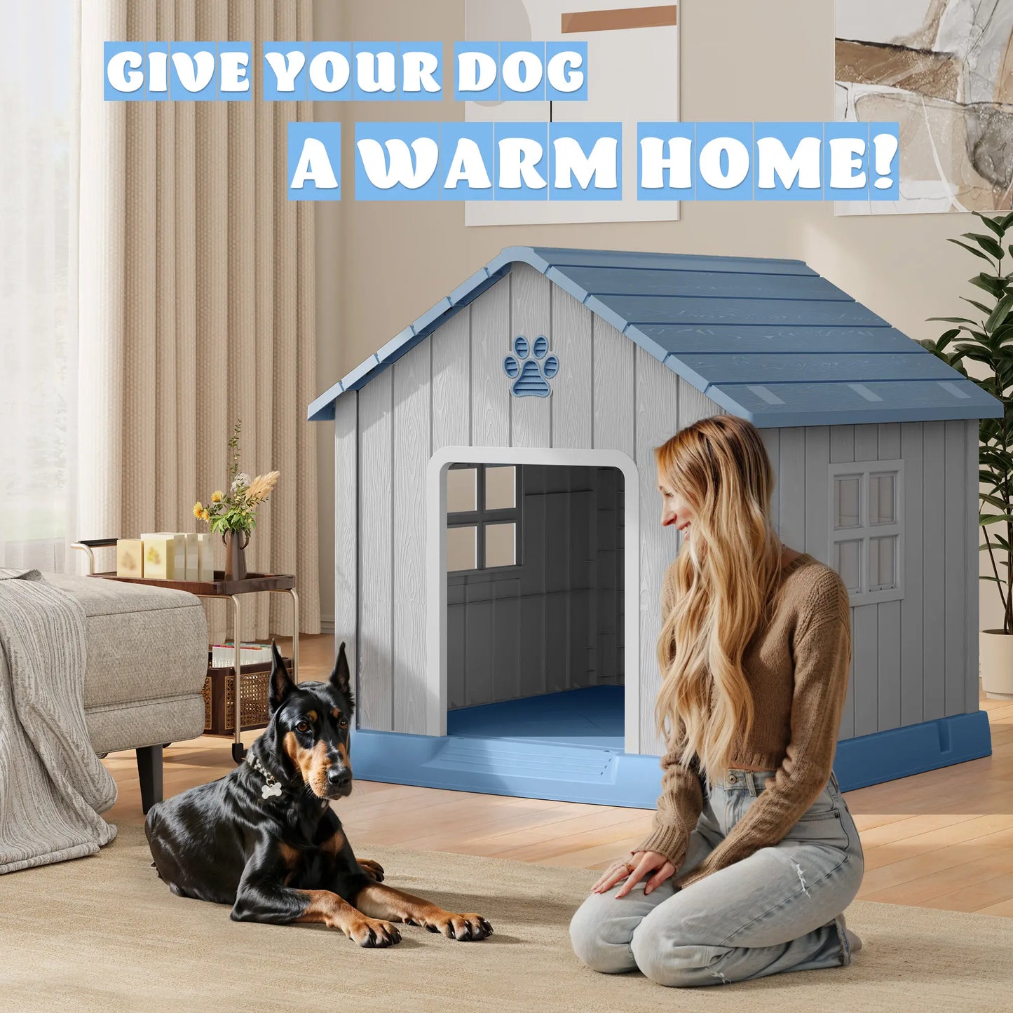 RIWENGO Durable Waterproof Plastic Dog House for Small to Large Sized Dogs Indoor Outdoor Elevated Floor UV Resistant Air Vents Drainage Holes Ground Nails Easy Clean and Assemble