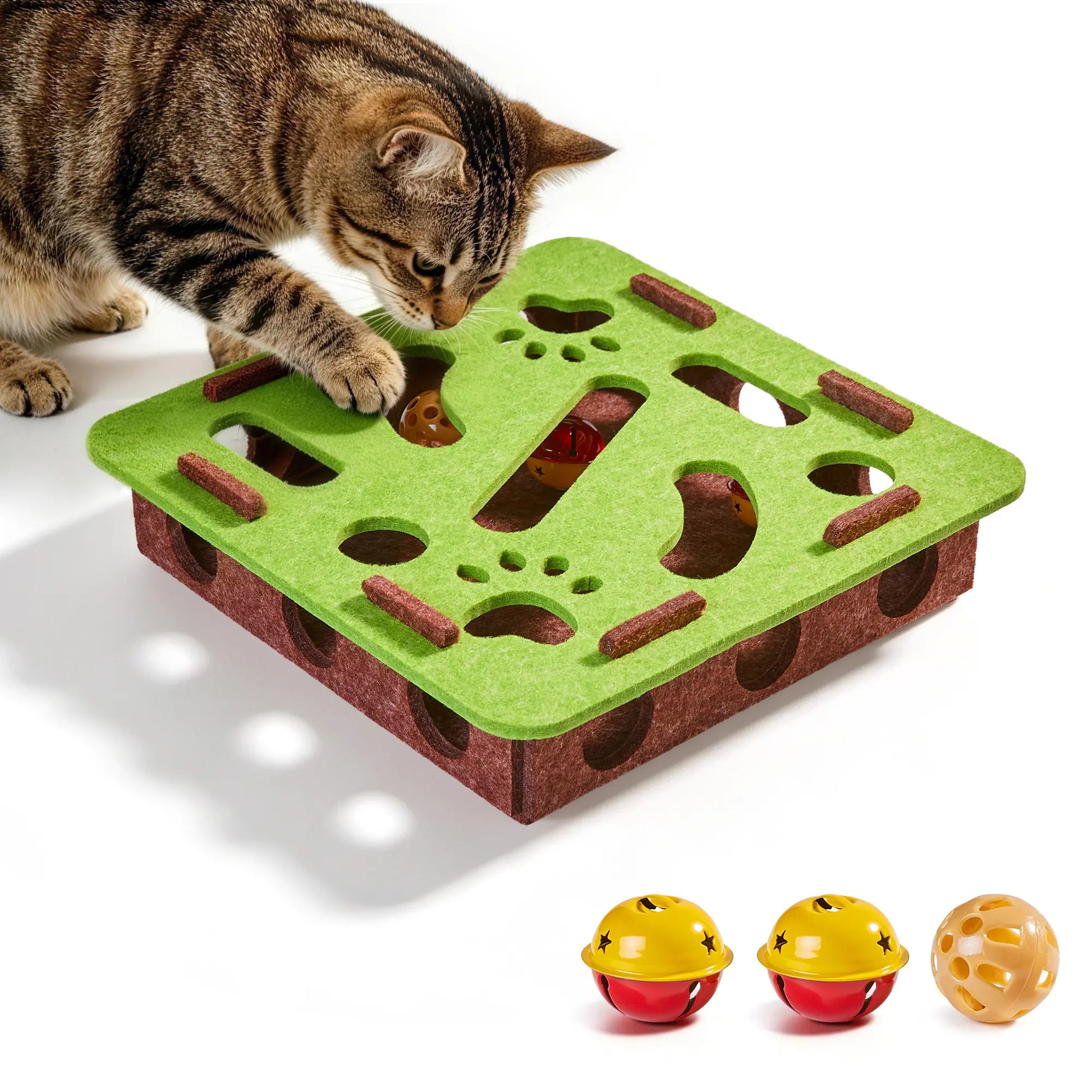 Potaroma Felt Maze Cat Puzzle Toy, Interactive Hide-And-Seek Box with 3 Jingle Balls, Indoor Enrichment Hunting Play for Kittens & Adult Cats to Relieve Boredom & Burn Energy