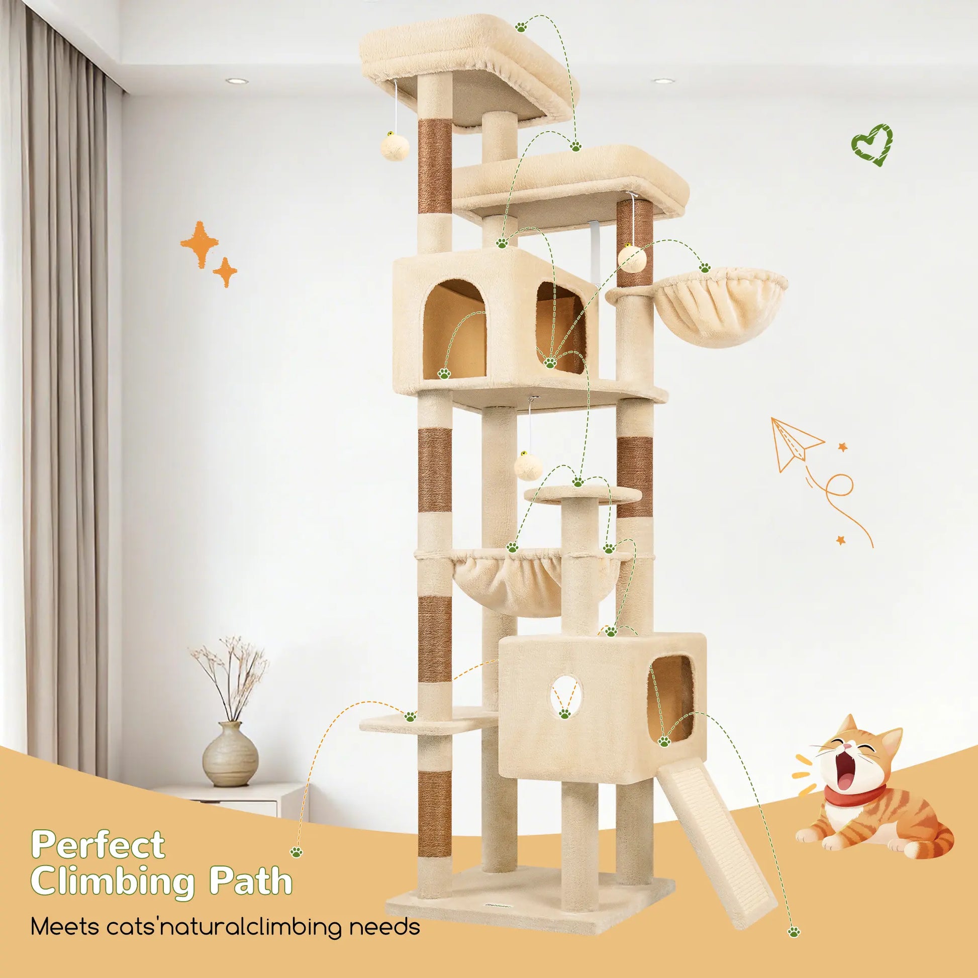 DESKAT 80 Inch Cat Tree for Large Cats, Stable Multi-Level Cat Tree with 2 Condos & Sisal Scratching Posts for 2-3 Cats, Thickened Base Space Saving Cat Tree Tower, F80G