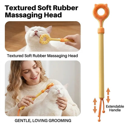 3‑In‑1 Adjustable Cat Massage Wand, Retractable Cat Scratcher Grooming Brush with Dual‑Surface Soft Nubs & Interactive Teaser Strings, Long Handle Pet Self‑Grooming Toy for Indoor Cats Kittens