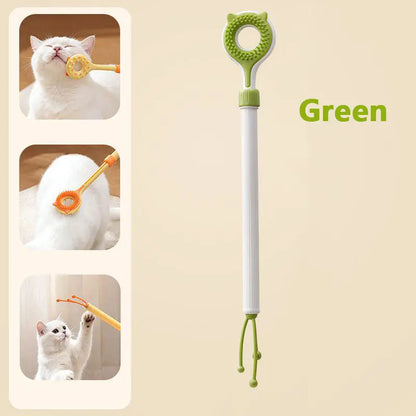 3‑In‑1 Adjustable Cat Massage Wand, Retractable Cat Scratcher Grooming Brush with Dual‑Surface Soft Nubs & Interactive Teaser Strings, Long Handle Pet Self‑Grooming Toy for Indoor Cats Kittens