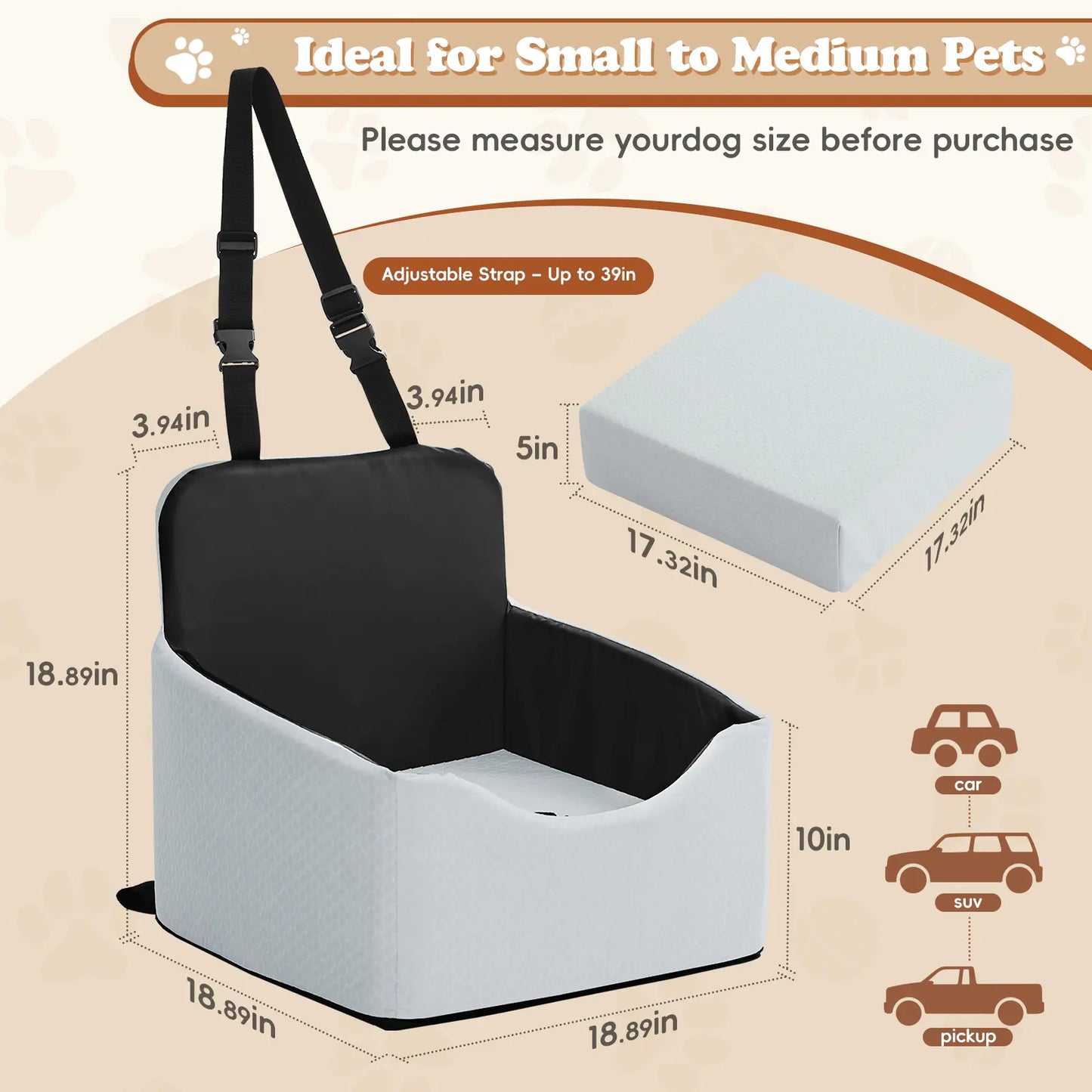 【Dealsforyoudays】 Dog Car Seat for Small Dogs & Cats, All-Season Reversible Design, Enclosed Pet Car Seat with Seat Belt Straps, Non-Slip Waterproof Travel Bed for Car & Outdoor Use Summervibes Petlovers Summerwins