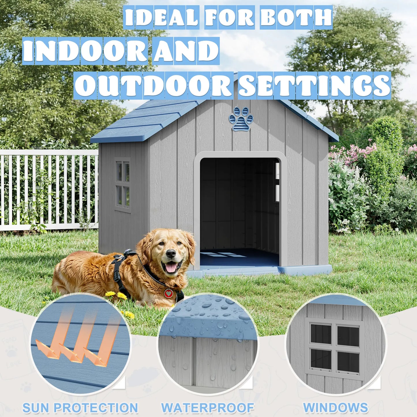 RIWENGO Durable Waterproof Plastic Dog House for Small to Large Sized Dogs Indoor Outdoor Elevated Floor UV Resistant Air Vents Drainage Holes Ground Nails Easy Clean and Assemble