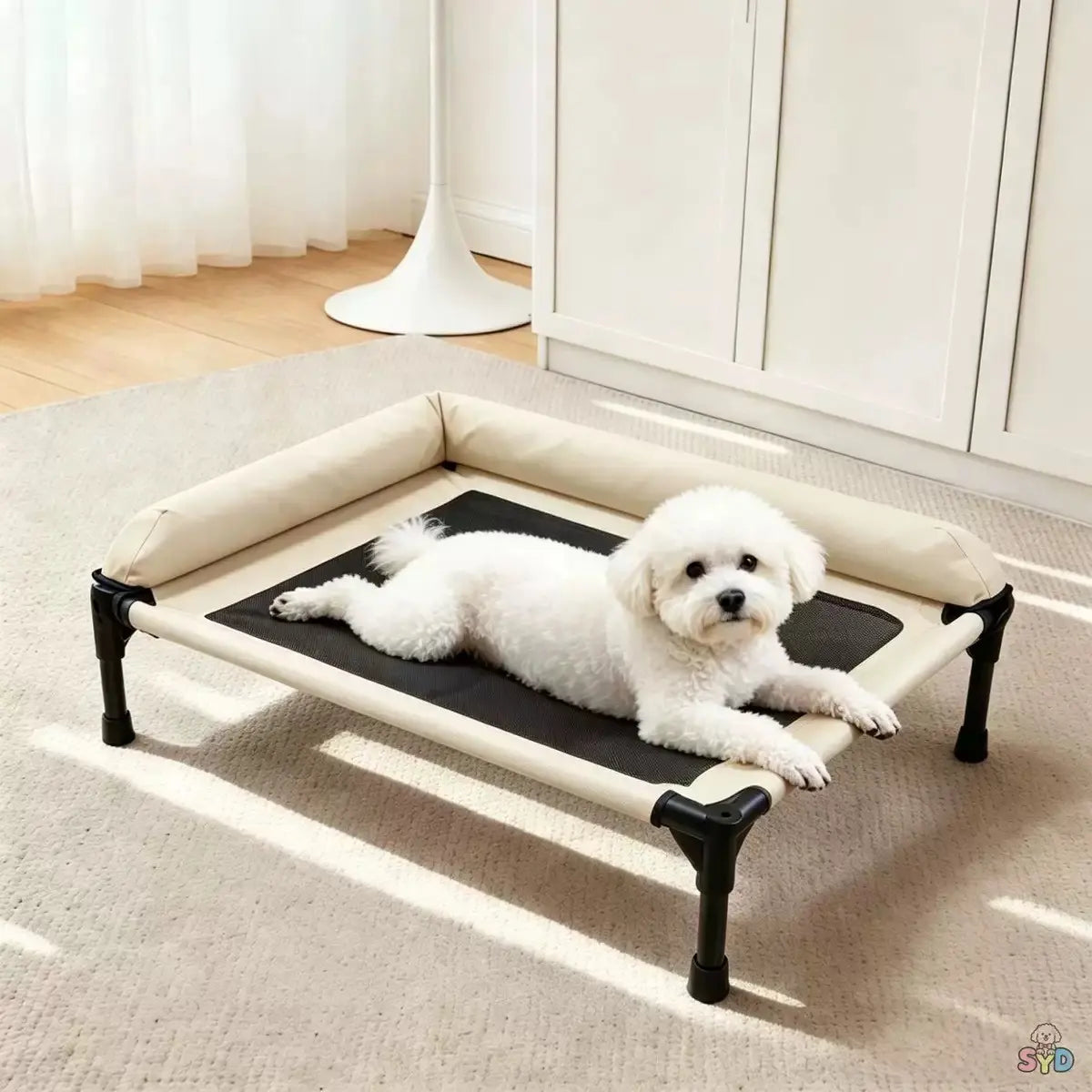 Outdoor Elevated Pet Bed with L-Shaped Neck Pillow, Breathable Mesh, Anti-Slip Feet, Washable, Ideal for Dogs & Cats up to 8Kg, Puppy Bed