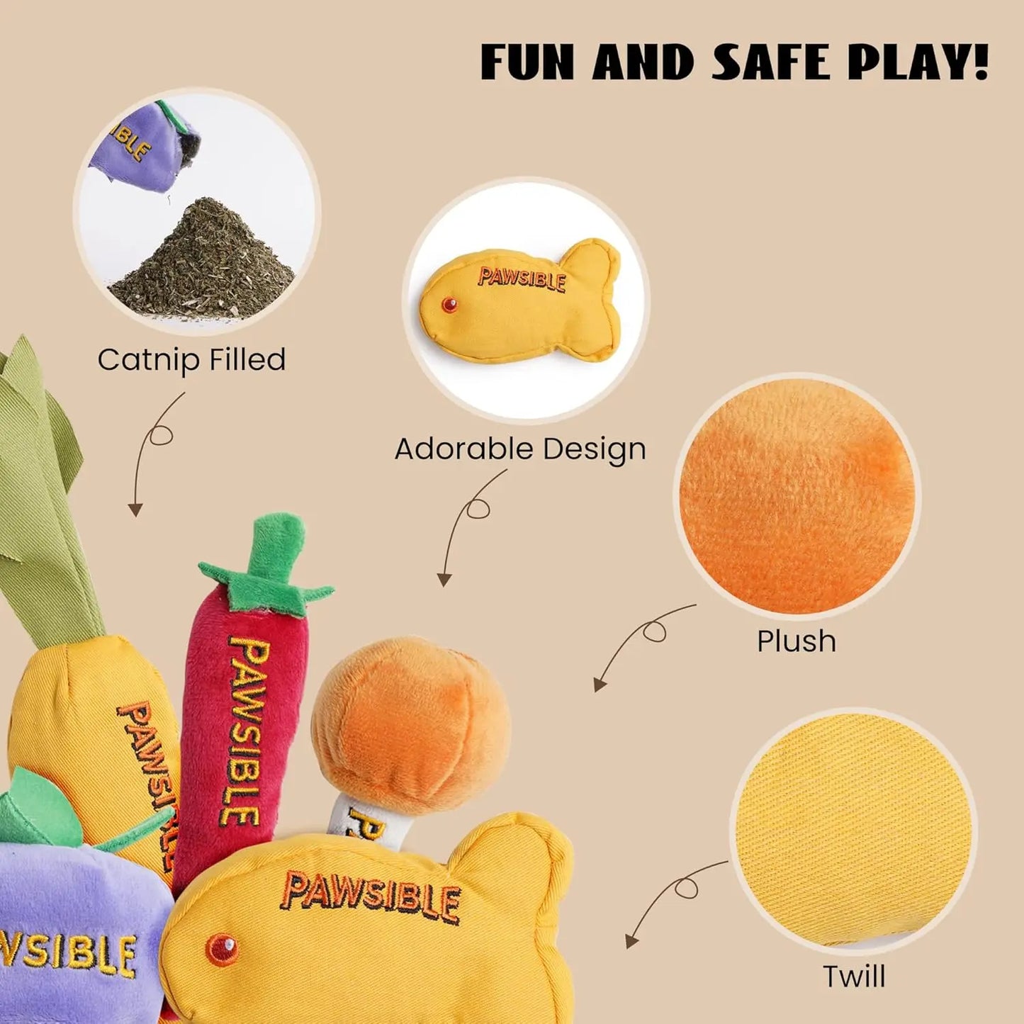 Pawsible 5 Pack Foodie Cat Toy Set, 100% Premium Cat Herb Filling, Natural Stimulation for Cats, Durable for Teething, Perfect Kitten Toy