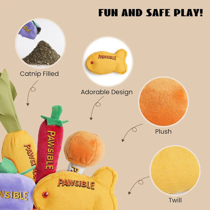 Pawsible 5 Pack Foodie Cat Toy Set, 100% Premium Cat Herb Filling, Natural Stimulation for Cats, Durable for Teething, Perfect Kitten Toy