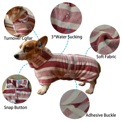 Dog Dress Plush Warm Pet Clothes Husky Clothes Quick Dry Bathrobe Super Absorbent Shower Towel Striped Style Dog Pajamas Sleepwear for Small Medium Large Dogs