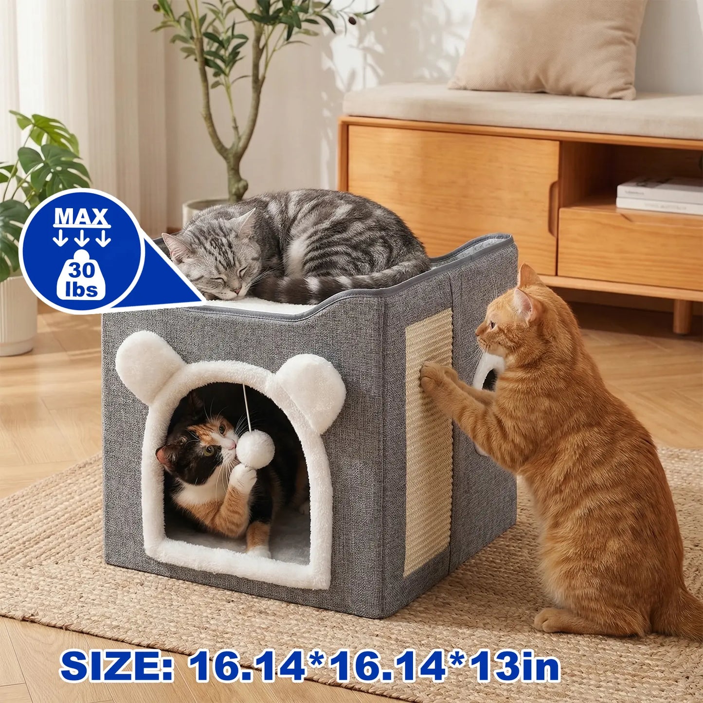 A Cat Suitable for Indoor Cats, with a Large Cat Hole for a Comfortable Apartment, Fluffy Hanging Balls, round Windows, a Foldable Indoor Cat House, Capable of Bearing up to 30 Pounds , with Double-Sided Soft Cushions,Raised Pet Bed