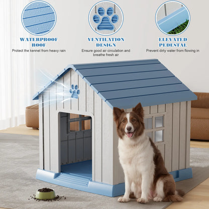 RIWENGO Durable Waterproof Plastic Dog House for Small to Large Sized Dogs Indoor Outdoor Elevated Floor UV Resistant Air Vents Drainage Holes Ground Nails Easy Clean and Assemble