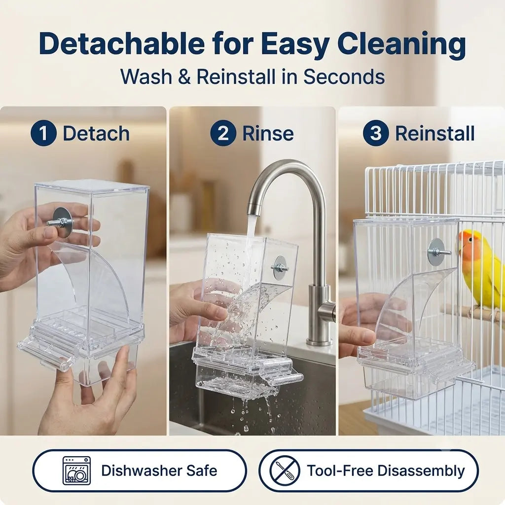 Upgraded Automatic Bird Feeder for Parrots Cockatoos Canaries - Transparent Acrylic Bird Cage Food Dispenser, Durable Easy to Use Bird Feeding Station