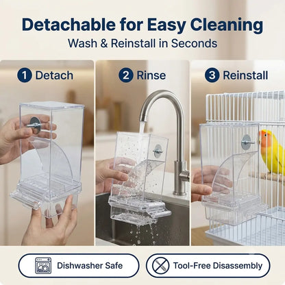 Upgraded Automatic Bird Feeder for Parrots Cockatoos Canaries - Transparent Acrylic Bird Cage Food Dispenser, Durable Easy to Use Bird Feeding Station